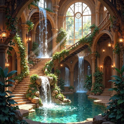 Prompt: A lush, inviting atrium unfolds before you, featuring multiple cascading waterfalls that flow over natural rock formations into a tranquil pool. Sunlight filters through expansive arched windows, illuminating the warm earthy tones of the stucco walls and the intricately designed railings that grace the winding staircase. Verdant plants thrive throughout the space, adding vibrant greenery to the rustic decor, while elegant chandeliers cast a soft glow that enhances the serene atmosphere. The combination of water sounds and rich textures creates a peaceful sanctuary that feels both luxurious and harmonious with nature, inviting exploration and relaxation.