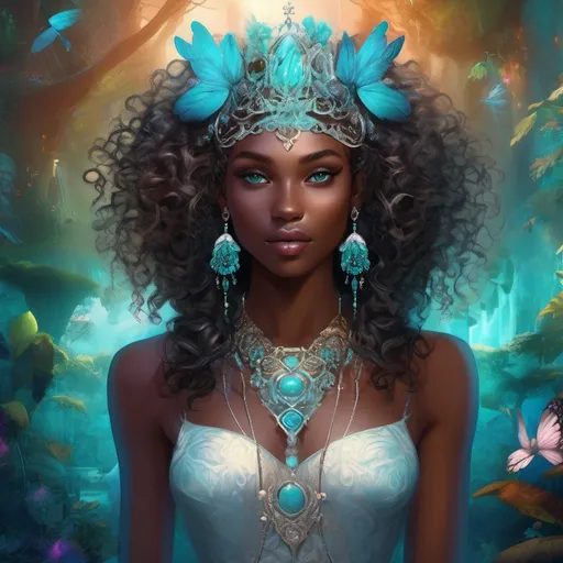 Prompt: (beautiful young black woman), vibrant fantasy style, dark chocolate skin, luxurious white curly/coily hair, striking turquoise eyes, a diadem, magical atmosphere, enchanting light, whimsical background filled with fantastical elements, lush colors, dreamy vibe, high depth, ultra-detailed, captivating and imaginative composition.