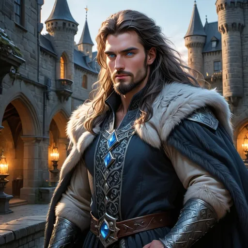 Prompt: (Full body)A handsome Northern King, piercing blue eyes, long thick dark hair and beard, wearing rich dark furs, mighty broadsword with polished round gem at the hilt, castle courtyard 