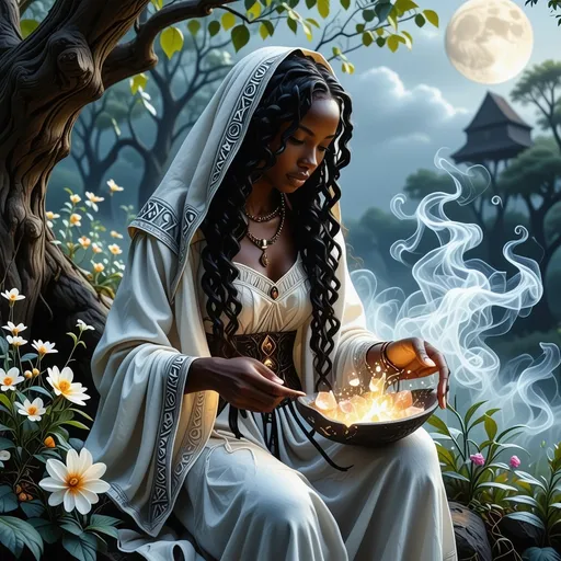 Prompt: In a mystical twilight setting, a beautiful black witch, draped in flowing white robes adorned with intricate silver runes that complements her radiant deep brown skin, gracefully tends to her enchanting witch garden. The air is thick with the scent of herbs and blooming nocturnal flowers, their petals shimmering under the soft glow of a crescent moon. Wisps of ethereal mist curl around her as she gently gathers glistening herbs and luminous crystals, their colors vibrant against the deep indigo sky. Her expressive face, framed by cascading, dark curls, displays a serene yet determined aura, hinting at the power she wields. In the background, ancient trees bend slightly, as though paying homage to her presence. The atmosphere is imbued with a sense of magic and quiet reverence, rendered in cinematic lighting and rich, vibrant colors that capture the enchanting essence of her world.