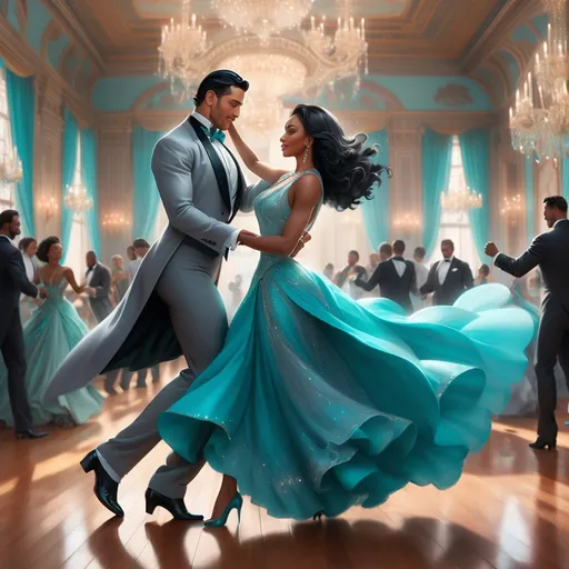 Prompt: A handsome Latino man in a grey tuxedo with slick black hair dancing with a beautiful black woman with long brown hair,  turquoise dress and silver heels in a Victorian style ballroom happily realistic 
