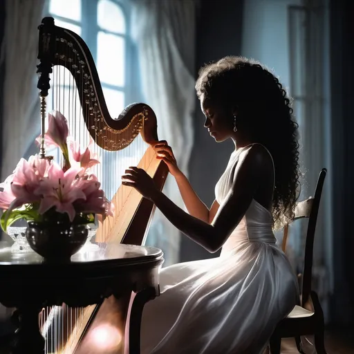Prompt: In a very dark room, a young, beautiful black woman wearing a white satin dress with thin straps and long curly hair craft into an elegant hairstyle sitting on a chair playing the harp. Next to her on a round table, there is a crystal vase with a bouquet of pink lilies. The dim light from a window softly illuminates her casting a moody atmosphere. Dust particles float in the air and the rainbow lights dancing on the walls from sunlight reflecting from the crystal vase adding to the ethereal ambiance