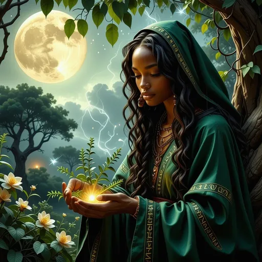 Prompt: In a mystical twilight setting, a beautiful black witch, draped in flowing emerald robes adorned with intricate silver runes that complements her radiant deep brown skin, gracefully tends to her enchanting witch garden. The air is thick with the scent of herbs and blooming nocturnal flowers, their petals shimmering under the soft glow of a crescent moon. Wisps of ethereal mist curl around her as she gently gathers glistening herbs and luminous crystals, their colors vibrant against the deep indigo sky. Her expressive face, framed by cascading, dark curls, displays a serene yet determined aura, hinting at the power she wields. In the background, ancient trees bend slightly, as though paying homage to her presence. The atmosphere is imbued with a sense of magic and quiet reverence, rendered in cinematic lighting and rich, vibrant colors that capture the enchanting essence of her world.