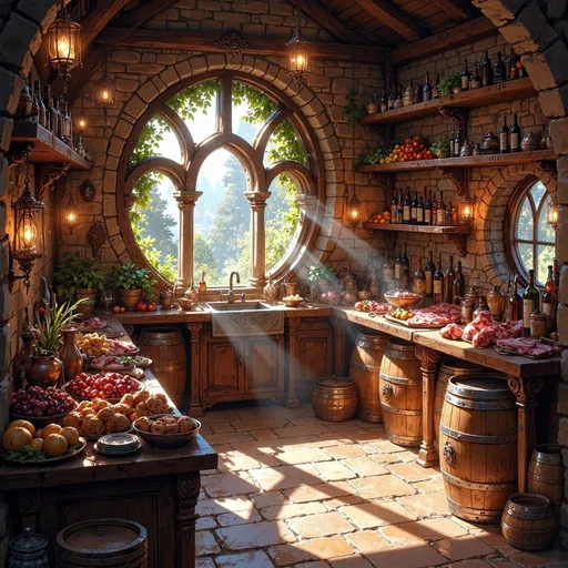 Prompt: Envision a cozy yet dramatic fantasy scene set within a large Hobbit food pantry, bathed in warm, cinematic lighting that spills through rounded windows, casting playful shadows across the stone walls. The rich aroma of fresh baked goods wafts through the air, inviting you closer. Shelves sag under the weight of various colorful fruits & cheeses, while clusters of vibrant herbs dangle from the ceiling, their leaves whispering secrets in the gentle breeze. Barrels aged to perfection brim with rich wines and honeyed meads, their wooden surfaces reflecting the flickering light of nearby lanterns. Slabs of succulent meat hang enticingly, and the pantry is alive with the bustling energy of whimsical Hobbit chefs preparing for a feast, their cheerful laughter echoing amidst the abundance. This enchanting scene captures the essence of comfort and delight, perfect for a dark fantasy concept art illustration.