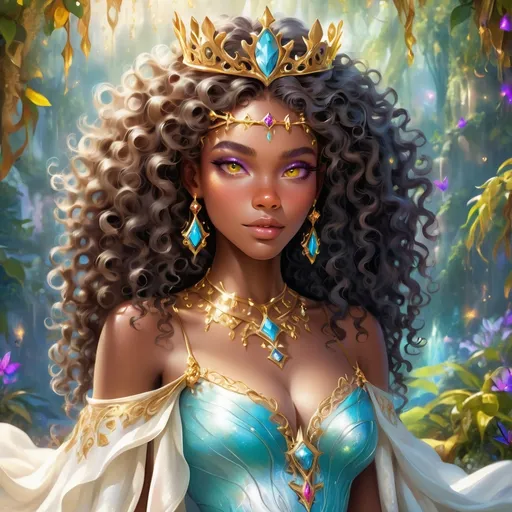 Prompt: (beautiful young black woman), vibrant fantasy style, full body, dark chocolate skin, luxurious white curly/coily hair, striking gold eyes, a crown, magical atmosphere, enchanting light, whimsical background filled with fantastical elements, lush colors, dreamy vibe, high depth, ultra-detailed, captivating and imaginative composition.