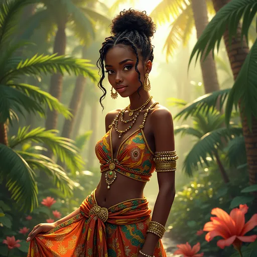 Prompt: A full-body, highly detailed fantasy illustration of a beautiful 21-year-old black noble woman with radiant black skin, standing gracefully in a lush tropical garden bathed in warm, dappled sunlight filtering through towering palm trees. She wears a vibrant, colorful African-style garment with intricate patterns that flow elegantly around her, accented by delicate gold and beaded jewelry that glints softly. Her elegant hairstyle is styled with intricate braids and adornments, enhancing her regal presence. Her expression is shy and bashful, eyes cast downward with a gentle blush. The scene exudes a rich, magical atmosphere, with lush greenery, blooming tropical flowers, and a sense of serene enchantment. Rendered in a cinematic, photorealistic style with vibrant colors, fine details, and soft lighting to evoke an RPG-fantasy mood.