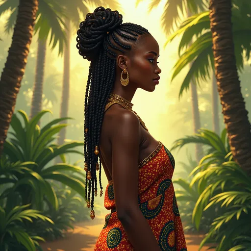 Prompt: Full body, Fantasy illustration of a black female noble woman, 21 years old, beautiful, black skin, elegant hairstyle, colorfull and elegant african-style garment, delicate jewellery, shamefull expression, high quality, rpg-fantasy, detailed, in a tropical garden