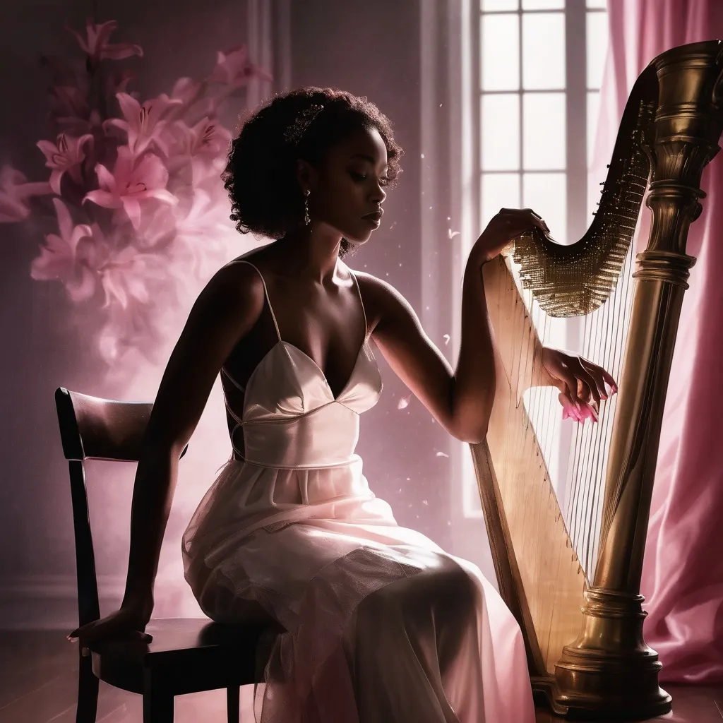 Prompt: In a very dark room, a young, beautiful black woman wearing a white satin dress with thin straps and long curly hair crafted into an elegant hairstyle sitting on a chair playing the harp. Next to her on a round table, there is a crystal vase with a bouquet of pink lilies. The dim light from a window softly illuminates her casting a moody atmosphere. Dust particles float in the air and the rainbow lights dancing on the walls from sunlight reflecting from the crystal vase adding to the ethereal ambiance