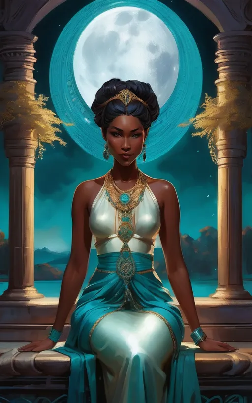Prompt: Bathed in the ethereal glow of a large, luminous moon, a regal woman sits poised at the foreground, adorned in a flowing, elegant garment in shades of serene teal that accentuates her graceful figure. Her rich, braided hair is elegantly styled, and she wears ornate jewelry that speaks of royalty, forming a striking contrast against her smooth skin. Behind her, an enchanting backdrop features towering, gothic structures draped in a mystic blue light, interspersed with lush greenery, suggesting an otherworldly realm. The composition draws the eye upwards through the archway that frames the scene, emphasizing the moon's dominance in the night sky, while the overall atmosphere conveys a sense of tranquility intertwined with mystery, as if inviting the viewer into a story of ancient lore.