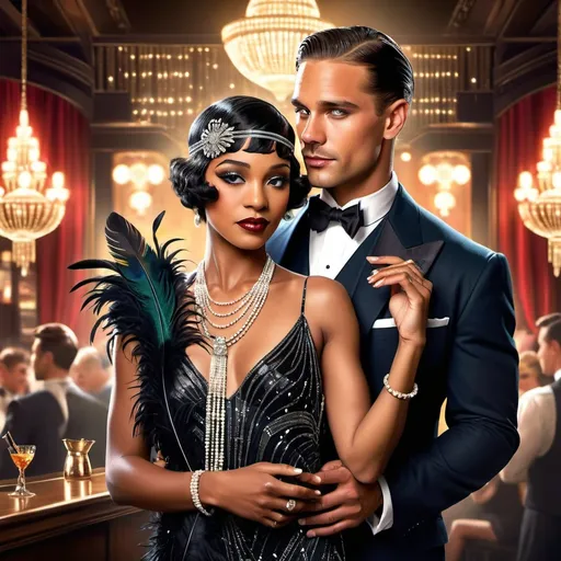 Prompt: Visualize a captivating romance novel cover set in the vibrant 1920s. A handsome man with slicked-back hair and a dapper suit holds a gorgeous black woman adorned in a luxurious flapper dress, accented with shimmering beads and feathers. Their eyes lock in a magnetic gaze, the connection palpable against the backdrop of a bustling jazz club filled with elegantly dressed patrons. Soft golden light bathes the scene, creating an inviting warmth, while a faint shimmer of sequins dances in the air. A saxophonist can be seen in the background, adding musical energy to the atmosphere. The overall style is reminiscent of vintage art deco illustrations, enhancing the timeless elegance of their romance.