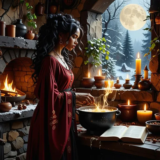 Prompt: In a cozy, dimly lit kitchen, a beautiful black witch stands gracefully by a bubbling cauldron, her long, flowing burgundy robes adorned with mystical symbols rustling softly as she stirs, the color complementing her radiant deep brown skin. The warm glow of flickering candlelight and fire from the fireplace dances against the stone walls, casting enchanting shadows that animate her surroundings. Rich, earthy scents of herbs and spices fill the air, mingling with the sweetness of simmering potions. Outside the window, the moon hangs low, illuminating the gentle snowfall that blankets the world in deep tranquility. A well-worn spellbook lies open on a nearby table, its pages fluttering slightly as if alive with secrets. The scene is infused with a magical realism, rendered in a cinematic lighting style that brings every detail to life.