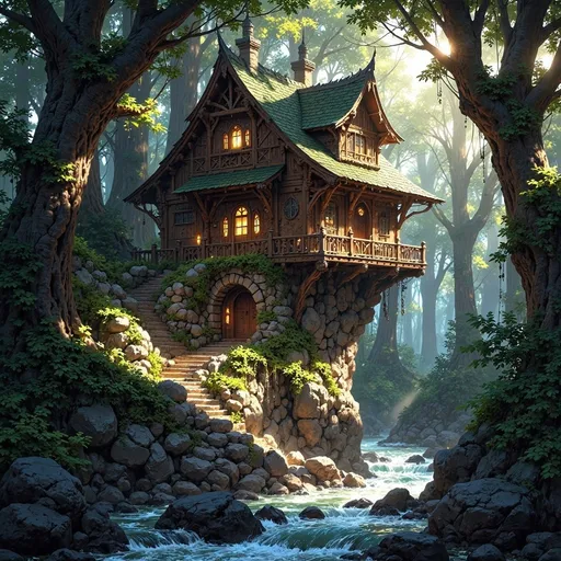Prompt: Envision a dwelling that emerges gracefully from the heart of an ancient forest, a masterful fusion of sturdy, dark-hewn timber and rugged, unmortared stone, nestled into a natural hollow. Alongside the swelling is a swift, crystal-clear river, its waters shimmering like polished glass as they race over smooth stones, creating the gentle sound of rushing water. Sunlight filters softly through the dense canopy above, casting ethereal patterns on the forest floor, while shafts of golden light illuminate the dwelling’s textured surfaces, enhancing the rich browns and deep grays of the wood and stone. Moss and creeping vines entwine around the structure, as if nature itself is embracing this serene sanctuary. The air is thick with the scent of damp earth and the distant sounds of rustling leaves create a gentle symphony. Consider framing this enchanting scene with cinematic lighting to evoke a sense of tranquility and hidden magic.