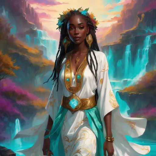 Prompt: A stunning young Black woman with an ethereal face of dark chocolate skin and luxurious white dread locs stands gracefully amidst a vibrant fantasy landscape. Her striking turquoise eyes shimmer with enchantment, reflecting a soft, magical glow. She is depicted in full body wearing a white and turquoise dress robes with gold embroidery, surrounded by whimsical, fantastical elements such as glowing flora, shimmering crystals, and floating orbs, all bathed in enchanting, luminous light. The scene exudes a dreamy, otherworldly atmosphere with lush, saturated colors, intricate details, and a sense of high depth, creating a captivating and imaginative composition. Style inspired by dreamy watercolor illustrations with cinematic lighting, photorealistic details, and a whimsical, magical vibe.