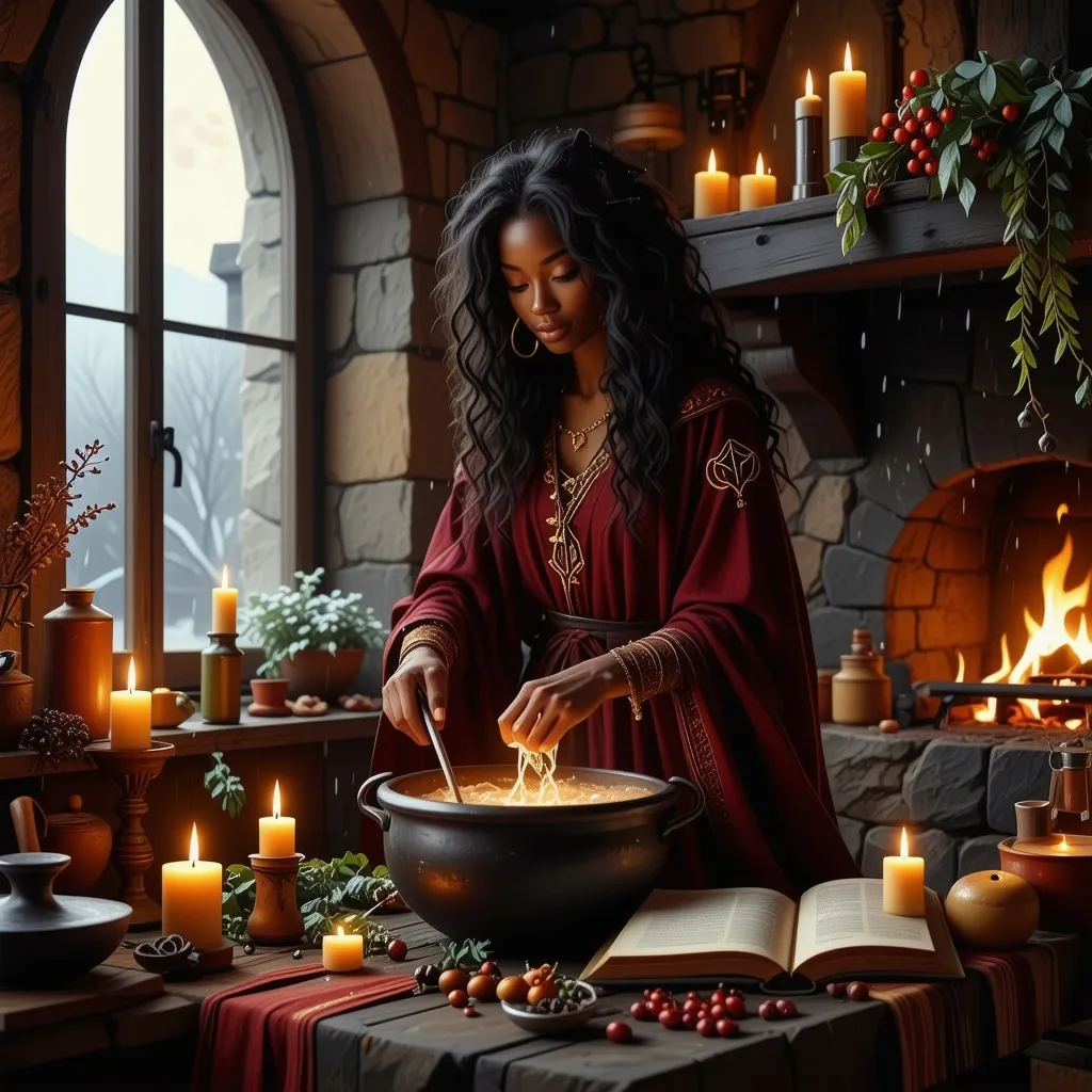 Prompt: In a cozy, dimly lit kitchen, a beautiful black witch stands gracefully by a bubbling cauldron, her long, flowing burgundy robes adorned with mystical symbols rustling softly as she stirs, the color complementing her radiant deep brown skin. The warm glow of flickering candlelight and blazing fire from the fireplace dances against the stone walls, casting enchanting shadows that animate her surroundings. Rich, earthy scents of herbs and spices fill the air, mingling with the sweetness of simmering potions. Outside the window, the moon hangs low, illuminating the gentle snowfall that blankets the world in deep tranquility and contrasting the warmth of the kitchen. A well-worn spellbook lies open on a nearby table, its pages fluttering slightly as if alive with secrets. The scene is infused with a magical realism, rendered in a cinematic lighting style that brings every detail to life.