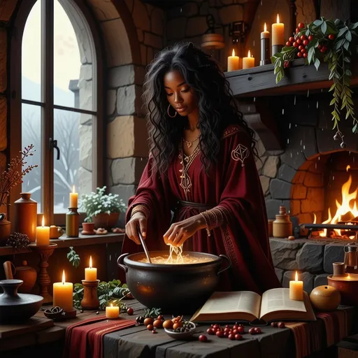Prompt: In a cozy, dimly lit kitchen, a beautiful black witch stands gracefully by a bubbling cauldron, her long, flowing burgundy robes adorned with mystical symbols rustling softly as she stirs, the color complementing her radiant deep brown skin. The warm glow of flickering candlelight and blazing fire from the fireplace dances against the stone walls, casting enchanting shadows that animate her surroundings. Rich, earthy scents of herbs and spices fill the air, mingling with the sweetness of simmering potions. Outside the window, the moon hangs low, illuminating the gentle snowfall that blankets the world in deep tranquility and contrasting the warmth of the kitchen. A well-worn spellbook lies open on a nearby table, its pages fluttering slightly as if alive with secrets. The scene is infused with a magical realism, rendered in a cinematic lighting style that brings every detail to life.