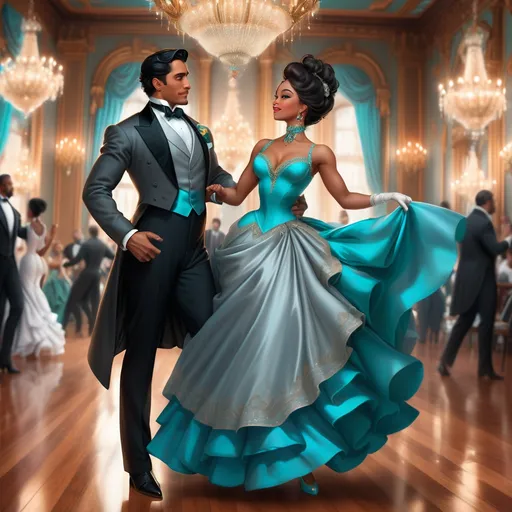 Prompt: In a lavish ballroom in the Victorian-era, elaborate chandeliers cast sparkling light onto a polished wooden floor, reflecting the joyous atmosphere. A handsome Latino man in a sharp grey tuxedo, his slick black hair glistening with elegance, twirls gracefully with a stunning black woman. She wears a silk turquoise Victorian bustle dress that complements her radiant brown skin as she moves, paired with dazzling silver heels that catch the light with every step. Their laughter fills the air, creating a palpable sense of joy and connection. Soft, warm tones of gold and cream envelop the scene, enhancing the romantic, celebratory mood. This enchanting moment, captured in enchanting, realistic detail, showcases their elegance and chemistry amidst the ornate decor of the ballroom.