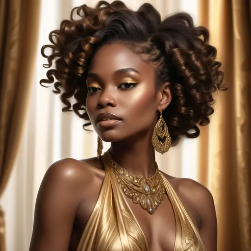 Prompt: Rich golden fabric drapes elegantly around the shoulders of a striking black woman, highlighting her graceful neckline. Her skin glows with a radiant warmth, providing a beautiful contrast to the intricate patterns of her textured gown. Cascading curls frame her face, enhancing her confident yet serene expression, while delicate gold jewelry glints softly against her complexion, drawing attention to her delicate features. The background, a muted earthy tone, emphasizes her presence and contributes to a feeling of timeless elegance and beauty. This image captures a moment of poise and grace, as if telling a story of cultural heritage and strength.