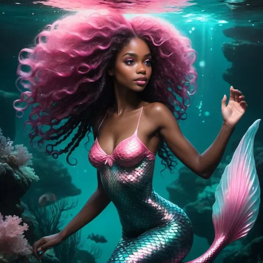 Prompt: Beautiful mermaid swimming in bioluminescent waters. Black young woman, striking aqua eyes, luxurious curly/coily mane, shimmering pink tail