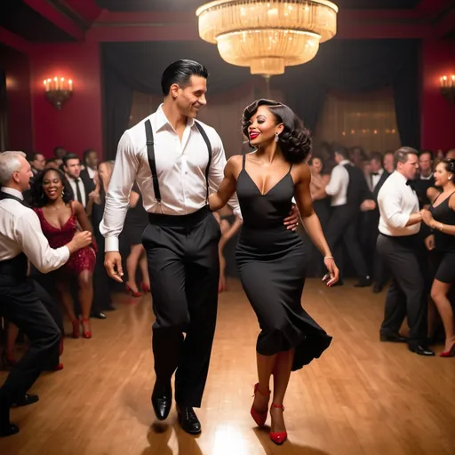Prompt: A dashing Latino man with slick black hair dons a fitted black shirt, suspenders and tailored slacks, exuding confidence as he leads a beautifully graceful black woman across the dance floor. She wears a matching black dress that flows elegantly around her as she moves, accentuated by her bold red heels and red rose in her hair. The dimly lit Argentinian-style club is alive with a warm, inviting atmosphere, where rustic wooden beams and vibrant murals hint at a rich cultural tapestry. Soft golden lights cast gentle shadows, illuminating the couple as they dance passionately, their eyes locked in a joyful connection. The vibrant sounds of the tango envelop them, transporting onlookers to a world of romance and rhythm. This scene captures the essence of life and dance in a cinematic, photorealistic style. 