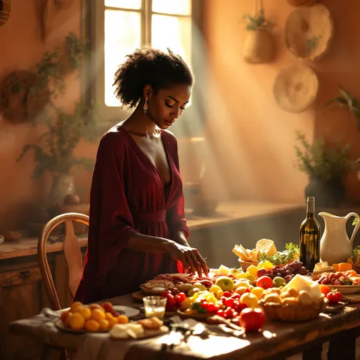 Prompt: In a sun-drenched, old-fashioned Middle Eastern kitchen, a poised black gentlewoman prepares to enjoy a small feast set before her on a rustic wooden table. The walls, painted in warm terracotta hues, are adorned with woven baskets and dried herbs, while sunlight pours in through a dusty window, casting soft, golden rays that illuminate her graceful figure. She wears a flowing, elegant dress, its deep burgundy folds highlighted by the light. Her expression is one of serene anticipation as she gently touches the vibrant array of fresh fruits, crusty bread, succulent meats and fragrant cheeses with a pitcher of wine. The faint sound of birds chirping outside adds a harmonious backdrop to this intimate setting. The scene captures a moment of calm luxury, perfect for a cinematic lighting style that enhances the warmth and texture of this serene culinary retreat.
