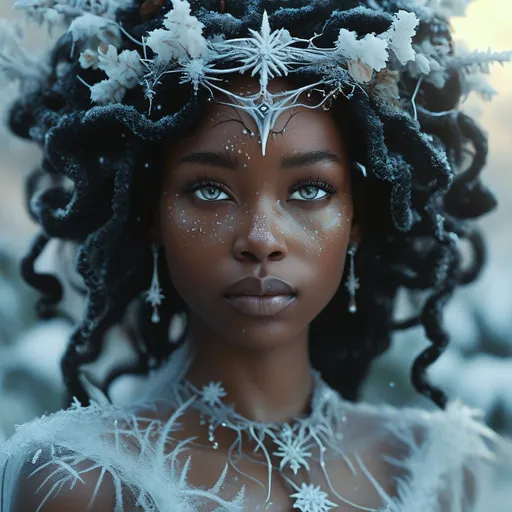 Prompt: Black woman as Gaia, the Mother Earth in Winter. Frosted colored curly coils, dewy radiant dark brown skin, captivating eyes, gown and crown made of snowflakes and icicles with evergreen and winter flowers, cosmic mystical aura, vibrant colors, soft lighting, professional, digital painting, enchanting presence, fantasy, dreamy, female, mystical, detailed hair, captivating gaze, professional lighting, hyper realistic, HD 4k 3D, professional modeling, ethereal, gorgeous face, ambient divine glow, detailed and intricate, elegant, ethereal, mythical, goddess, radiant lighting