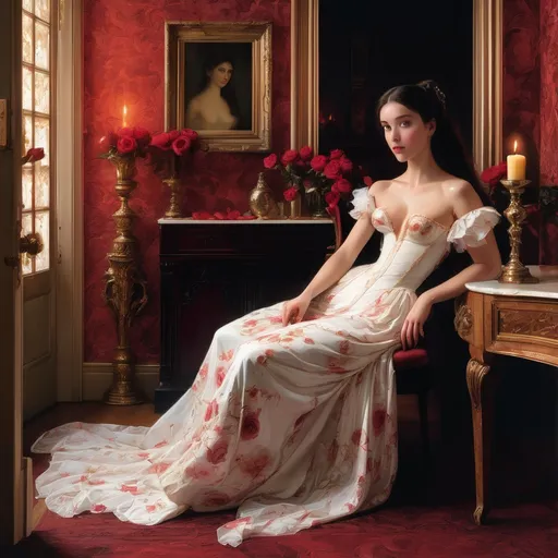 Prompt: In a lavishly adorned room filled with vibrant roses and intricate floral decorations, a young woman in a flowing white gown delicately leans toward a candle, illuminating her graceful features and cascading dark hair. The scene conveys opulence and intimacy, with the rich red wallpaper enhancing the romantic atmosphere. In the background, a man stands at an elegantly carved door, his gaze fixed on her, suggesting a moment of longing or surprise. The warm, soft lighting accentuates the textures and details, creating a captivating narrative of beauty and anticipation intertwined within this enchanting setting.