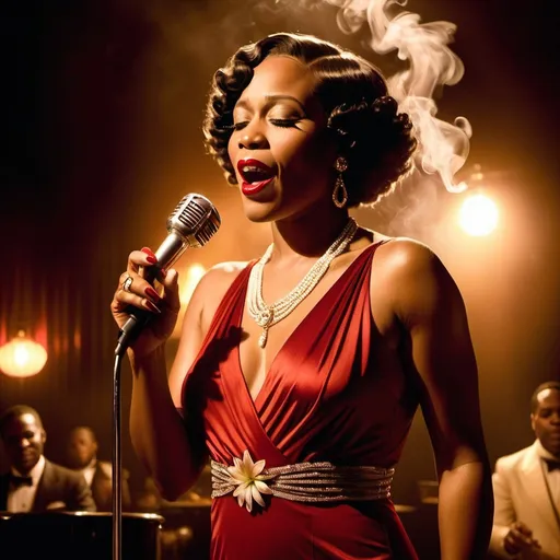Prompt: A soulful black jazz singer, dressed in a luxurious 1920s style red dress, gold jewelry and a white lily in her fingerwaved hair, stands confidently at the microphone, her voice pouring out like honey as she sings her heart out in a dimly lit, smoke-filled club, the air thick with the scent of cigarette smoke and whiskey, reminiscent of the iconic styles of Erté, Gustav Klimt, and Hopper, with bold, expressive brushstrokes and a muted, film noir-inspired color palette. The overall style is reminiscent of vintage art deco illustrations, enhancing the timeless elegance of their romance.