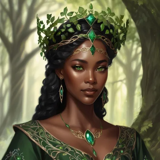 Prompt: A beautiful black woman with green eyes wore a gown of deep forest green, simple in cut but intricately embroidered with symbols of growing things – winding vines, delicate moonpetal, and the majestic Eldorian oak. Her crown was a **delicate, interwoven circlet of polished Eldorian bronze**, shaped like twin branches reaching skyward, adorned with a single, clear river stone at its fore. pre-Raphaelite time-lapse motion blur, High resolution, detailed portrait, ethereal atmosphere,  black curly hair, dark brown skin, red lips, captivating eyes, cosmic mystical aura, vibrant colors, soft lighting, professional, digital painting, enchanting presence, fantasy, dreamy, female, mystical, detailed hair, captivating gaze, professional lighting, hyper realistic, HD 4k 3D, professional modeling, ethereal, gorgeous face, ambient divine glow, detailed and intricate, elegant, ethereal, mythical, goddess, radiant lighting,