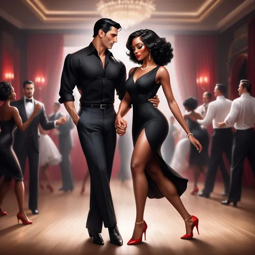 Prompt: A dashing Latino man with slick black hair dons a fitted black shirt and tailored slacks, exuding confidence as he leads a beautifully graceful black woman across the dance floor. She wears a matching black dress that flows elegantly around her as she moves, accentuated by her bold red heels and red rose in her hair. The dimly lit Argentinian-style club is alive with a warm, inviting atmosphere, where rustic wooden beams and vibrant murals hint at a rich cultural tapestry. Soft golden lights cast gentle shadows, illuminating the couple as they dance passionately, their eyes locked in a joyful connection. The vibrant sounds of the tango envelop them, transporting onlookers to a world of romance and rhythm. This scene captures the essence of life and dance in a cinematic, photorealistic style. 