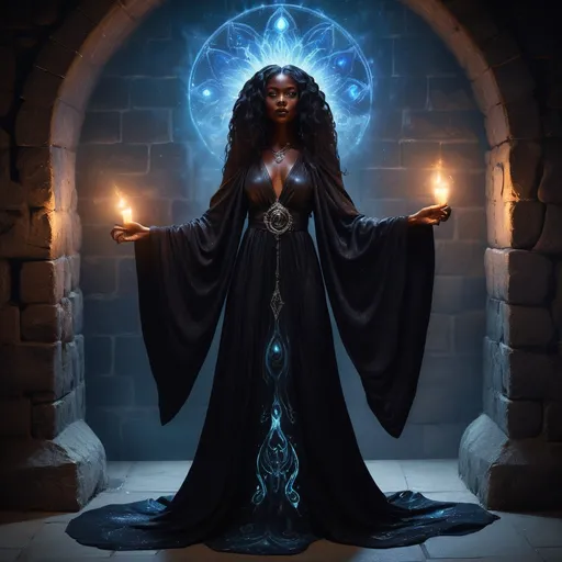 Prompt: Visualize a beautiful black witch, her skin glowing like polished obsidian, stepping gracefully through a shimmering, iridescent portal in her dimly lit basement. The air around her crackles with the energy of magic, dust motes illuminated by the flickering light of enchanted candles lining the stone walls. She wears an elegantly flowing robe adorned with celestial patterns, swirling with shades of midnight blue and silver. Her hair cascades down her shoulders like a waterfall of curls, framing her face, which is set with a confident yet serene expression. The basement itself is filled with arcane artifacts and potion vials, casting shadows that dance in the warm light. Outside the portal, a twilight sky hints at a magical realm, suffusing the scene with an otherworldly glow. This ethereal moment is captured in a dark fantasy concept art style, rich with detail and atmospheric depth.