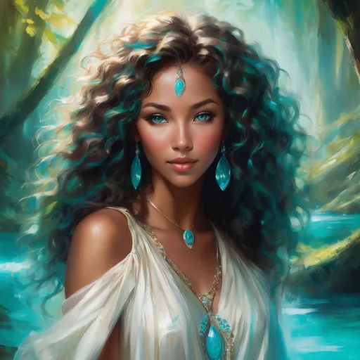 Prompt: In a lush, enchanting forest setting illuminated by soft, ethereal light, a striking figure emerges, captivating the viewer with her mesmerizing beauty. She has voluminous, curly hair highlighted with vibrant turquoise, cascading softly around her shoulders, and her expressive, almond-shaped eyes shimmer with a hint of magic, mirroring the verdant surroundings. Adorned in elegant jewelry set with turquoise gems, her delicate features are framed by a flowing, white top that accentuates her graceful silhouette. The backdrop features a sparkling body of water and shimmering foliage, enhancing the overall dreamy atmosphere. This scene conveys a sense of tranquility and mystical allure, inviting the viewer into a realm where nature and beauty intertwine harmoniously.