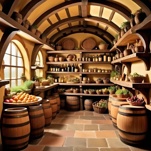 Prompt: Hobbit food pantry, fantasy, variety of food, herbs hanging, barrels of wine and mead, gigantic size pantry, large slabs of meat hanging, bushels of fruits, jars of honey and jam