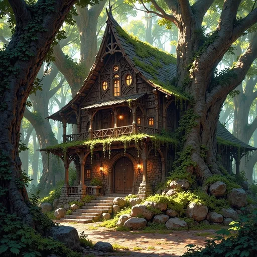 Prompt: Envision a dwelling that emerges gracefully from the heart of an ancient forest, a masterful fusion of sturdy, dark-hewn timber and rugged, unmortared stone, nestled into a natural hollow. Sunlight filters softly through the dense canopy above, casting ethereal patterns on the forest floor, while shafts of golden light illuminate the dwelling’s textured surfaces, enhancing the rich browns and deep grays of the wood and stone. Moss and creeping vines entwine around the structure, as if nature itself is embracing this serene sanctuary. The air is thick with the scent of damp earth and the distant sounds of rustling leaves create a gentle symphony. Consider framing this enchanting scene with cinematic lighting to evoke a sense of tranquility and hidden magic.