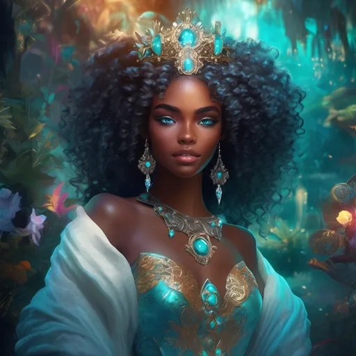 Prompt: (beautiful young black woman), vibrant fantasy style, dark chocolate skin, luxurious white curly/coily hair, striking turquoise eyes, a diadem, magical atmosphere, enchanting light, whimsical background filled with fantastical elements, lush colors, dreamy vibe, high depth, ultra-detailed, captivating and imaginative composition.