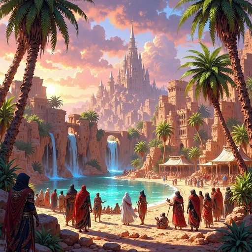 Prompt: Big kingdom, large desert oasis, water spring, waterfalls, trees, greenry, dramatic fantasy settlement scene, traveling caravan,  cinematic lighting