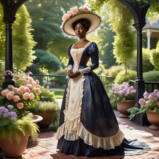 Prompt: woman wearing a tea-gown with a flower-filled tea hat, year 1905. Garden patio. Lace. frills. realistic. 
Dark skinned noble,