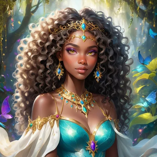 Prompt: (beautiful young black woman), vibrant fantasy style, full body, dark chocolate skin, luxurious white curly/coily hair, striking gold eyes, a diadem, magical atmosphere, enchanting light, whimsical background filled with fantastical elements, lush colors, dreamy vibe, high depth, ultra-detailed, captivating and imaginative composition.