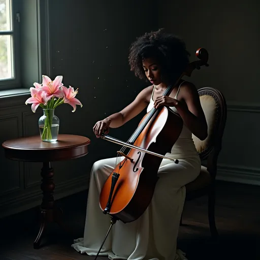 Prompt: In a very dark room a young, beautiful black woman wearing a white satin dress with thin straps and curly hair swept into an elegant hairstyle sitting on a chair playing the cello. Next to her on a round table there is a vase with a bouquet of pink lilies. The dim light from a window softly illuminates her casting a moody atmosphere. Dust particles float in the air adding to the ethereal ambiance