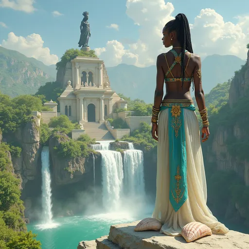 Prompt: An ancient city with 2 waterfalls A black stone statue of atlas sits atop a palace made of white stone and surrounded by green gardens a young black warrior princess stands on a marble stone overlooking the scene she is dressed as an ancient merchant from sumer her garments are see through and sheer white & aqua and have gold embroidery her black dread loc hair is braided with gold ribbon, large white and pink sea shells lie at her feet