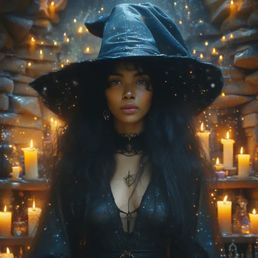 Prompt: Visualize a beautiful black witch, her skin glowing like polished obsidian, stepping gracefully through a shimmering, iridescent portal in her dimly lit basement. The air around her crackles with the energy of magic, dust motes illuminated by the flickering light of enchanted candles lining the stone walls. She wears an elegantly flowing robe adorned with celestial patterns, swirling with shades of midnight blue and silver. Her hair cascades down her shoulders like a waterfall of curls, framing her face, which is set with a confident yet serene expression. The basement itself is filled with arcane artifacts and potion vials, casting shadows that dance in the warm light. Outside the portal, a twilight sky hints at a magical realm, suffusing the scene with an otherworldly glow. This ethereal moment is captured in a dark fantasy concept art style, rich with detail and atmospheric depth.