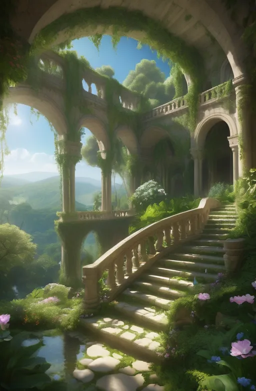 Prompt: Amidst a breathtaking landscape, ancient stone arches beckon the viewer into a lush, overgrown paradise where nature intertwines seamlessly with architecture. Cascading down from elevated terraces, stairs lead to tranquil pools reflecting the vibrant green foliage and azure skies, creating a serene atmosphere. Sunlight filters through the trees, illuminating delicate flowers blooming along the pathways and enhancing the opulence of the scene. The intricate design of the structures, combined with the distant rolling hills and sparkling waters below, evokes a sense of timelessness and tranquility, inviting one to imagine stories of leisurely afternoons spent in this idyllic retreat.