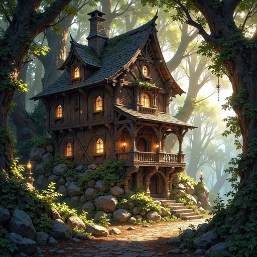 Prompt: Envision a dwelling that emerges gracefully from the heart of an ancient forest, a masterful fusion of sturdy, dark-hewn timber and rugged, unmortared stone, nestled into a natural hollow. Sunlight filters softly through the dense canopy above, casting ethereal patterns on the forest floor, while shafts of golden light illuminate the dwelling’s textured surfaces, enhancing the rich browns and deep grays of the wood and stone. Moss and creeping vines entwine around the structure, as if nature itself is embracing this serene sanctuary. The air is thick with the scent of damp earth and the distant sounds of rustling leaves create a gentle symphony. Consider framing this enchanting scene with cinematic lighting to evoke a sense of tranquility and hidden magic.