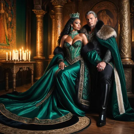 Prompt: Amidst a lavish, candlelit hall adorned with intricate tapestries depicting tales of valor, sits a Northern King, regal in his rich, dark furs, his piercing blue eyes reflecting the flickering candlelight. Across from him is his enchanting black Queen, draped in an elegant gown of deep emerald, her expressive eyes shimmering like jade, capturing the warmth of the moment. The long wooden table, beautifully set with fine porcelain and glistening silverware, is laden with an exquisite feast, the steam rising from the dishes merging with the golden glow surrounding them. Outside, a gentle snowfall blankets the land, the soft sound of wind harmonizing with their joyful laughter, creating a setting both intimate and majestic. The atmosphere is enchanting, captured in a cinematic, photorealistic style.