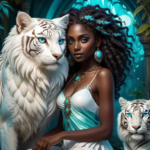 Prompt: (beautiful young black woman), full body, vibrant fantasy style, dark chocolate skin, luxurious white curly/coily hair, striking turquoise eyes, pet white owl and pet white tiger, magical atmosphere, enchanting light, whimsical background filled with fantastical elements, lush colors, dreamy vibe, high depth, ultra-detailed, captivating and imaginative composition.