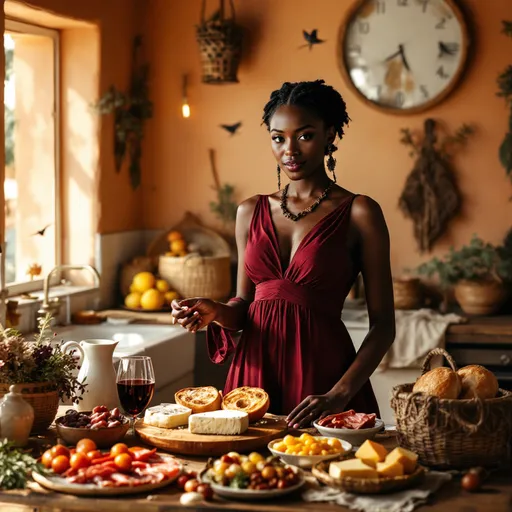 Prompt: In a sun-drenched, old-fashioned Middle Eastern kitchen, a poised black gentlewoman prepares to enjoy a small feast set before her on a rustic wooden table. The walls, painted in warm terracotta hues, are adorned with woven baskets and dried herbs, while sunlight pours in through a dusty window, casting soft, golden rays that illuminate her graceful figure. She wears a flowing, elegant dress, its deep burgundy folds highlighted by the light. Her expression is one of serene anticipation as she gently touches the vibrant array of crusty bread, succulent meats and fragrant cheeses with a pitcher of wine. The faint sound of birds chirping outside adds a harmonious backdrop to this intimate setting. The scene captures a moment of calm luxury, perfect for a cinematic lighting style that enhances the warmth and texture of this serene culinary retreat.