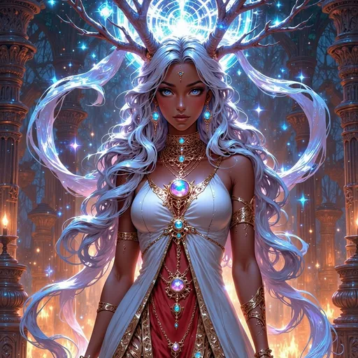 Prompt: A stunning young Black woman with an ethereal face of dark chocolate skin and luxurious white dread locs stands gracefully amidst a vibrant fantasy landscape. Her striking gold eyes shimmer with enchantment, reflecting a soft, magical glow. She is depicted in full body wearing a white, red and turquoise gown with gold embroidery, surrounded by whimsical, fantastical elements such as glowing flora, shimmering crystals, and floating orbs, all bathed in enchanting, luminous light. The scene exudes a dreamy, otherworldly atmosphere with lush, saturated colors, intricate details, and a sense of high depth, creating a captivating and imaginative composition. Style inspired by dreamy watercolor illustrations with cinematic lighting, photorealistic details, and a whimsical, magical vibe.