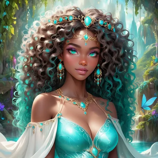 Prompt: (beautiful young black woman), vibrant fantasy style, full body, dark chocolate skin, luxurious white curly/coily hair, striking turquoise eyes, a diadem, magical atmosphere, enchanting light, whimsical background filled with fantastical elements, lush colors, dreamy vibe, high depth, ultra-detailed, captivating and imaginative composition.