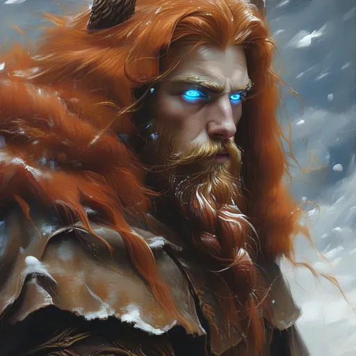 Prompt: Imagine a striking Northern King, his captivating piercing blue eyes glimmering like icy sapphires against the backdrop of a snow-laden landscape. His long, thick red hair and well-groomed beard come alive with the subtle glint of frost, framing a face carved by both time and valor. He stands tall and proud, draped in luxurious dark furs that exude an air of majesty, their textures soft and rich against the harsh, biting cold of winter. The sky above is a swirling canvas of deep blues and purples, hinting at an impending snowstorm, while the magic of twilight bathes him in a soft, ethereal glow. This regal figure, poised against the gathering storm with his mighty sword in hand, is a symbol of strength and resilience, evoking the spirit of a legendary ruler. The art style could be reminiscent of dark fantasy concept art, highlighting the intricate details and atmospheric tension.