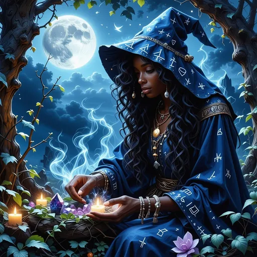 Prompt: In a mystical twilight setting, a beautiful black witch, draped in flowing celestial blue robes adorned with intricate silver runes that complements her radiant deep brown skin, gracefully tends to her enchanting witch garden. The air is thick with the scent of herbs and blooming nocturnal flowers, their petals shimmering under the soft glow of a crescent moon. Wisps of ethereal mist curl around her as she gently gathers glistening herbs and luminous crystals, their colors vibrant against the deep indigo sky. Her expressive face, framed by cascading, dark curls, displays a serene yet determined aura, hinting at the power she wields. In the background, ancient trees bend slightly, as though paying homage to her presence. The atmosphere is imbued with a sense of magic and quiet reverence, rendered in cinematic lighting and rich, vibrant colors that capture the enchanting essence of her world.
