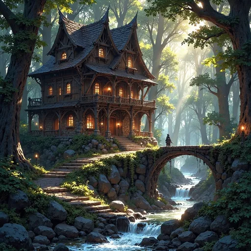 Prompt: Envision a dwelling that emerges gracefully from the heart of an ancient forest, a masterful fusion of sturdy, dark-hewn timber and rugged, unmortared stone, nestled into a natural hollow. Alongside the swelling is a swift, crystal-clear river, its waters shimmering like polished glass as they race over smooth stones, creating the gentle sound of rushing water. Sunlight filters softly through the dense canopy above, casting ethereal patterns on the forest floor, while shafts of golden light illuminate the dwelling’s textured surfaces, enhancing the rich browns and deep grays of the wood and stone. Moss and creeping vines entwine around the structure, as if nature itself is embracing this serene sanctuary. The air is thick with the scent of damp earth and the distant sounds of rustling leaves create a gentle symphony. Consider framing this enchanting scene with cinematic lighting to evoke a sense of tranquility and hidden magic.
